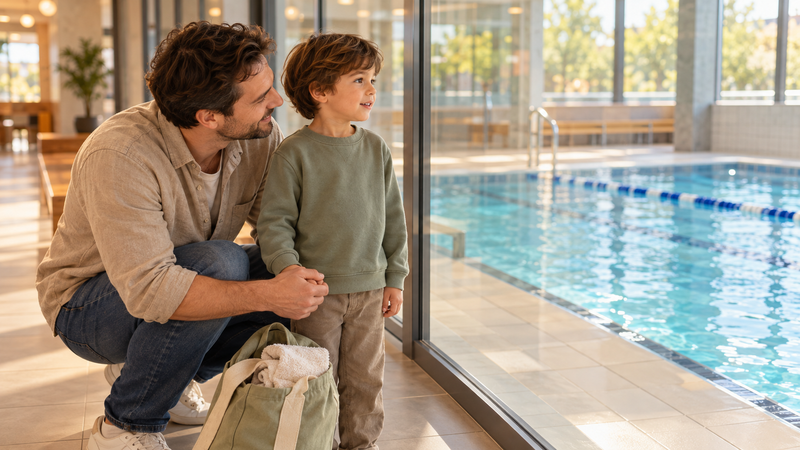Ein Kind und sein Vater schauen gemeinsam durch eine Glasscheibe in die Schwimmhalle.