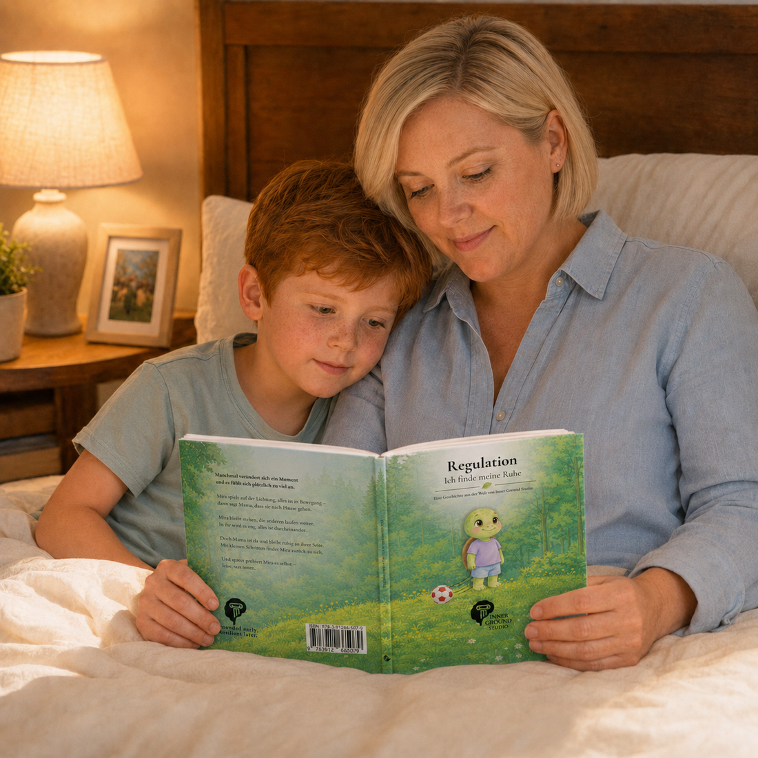 Mutter und Kind lesen gemeinsam das Regulations-Kinderbuch