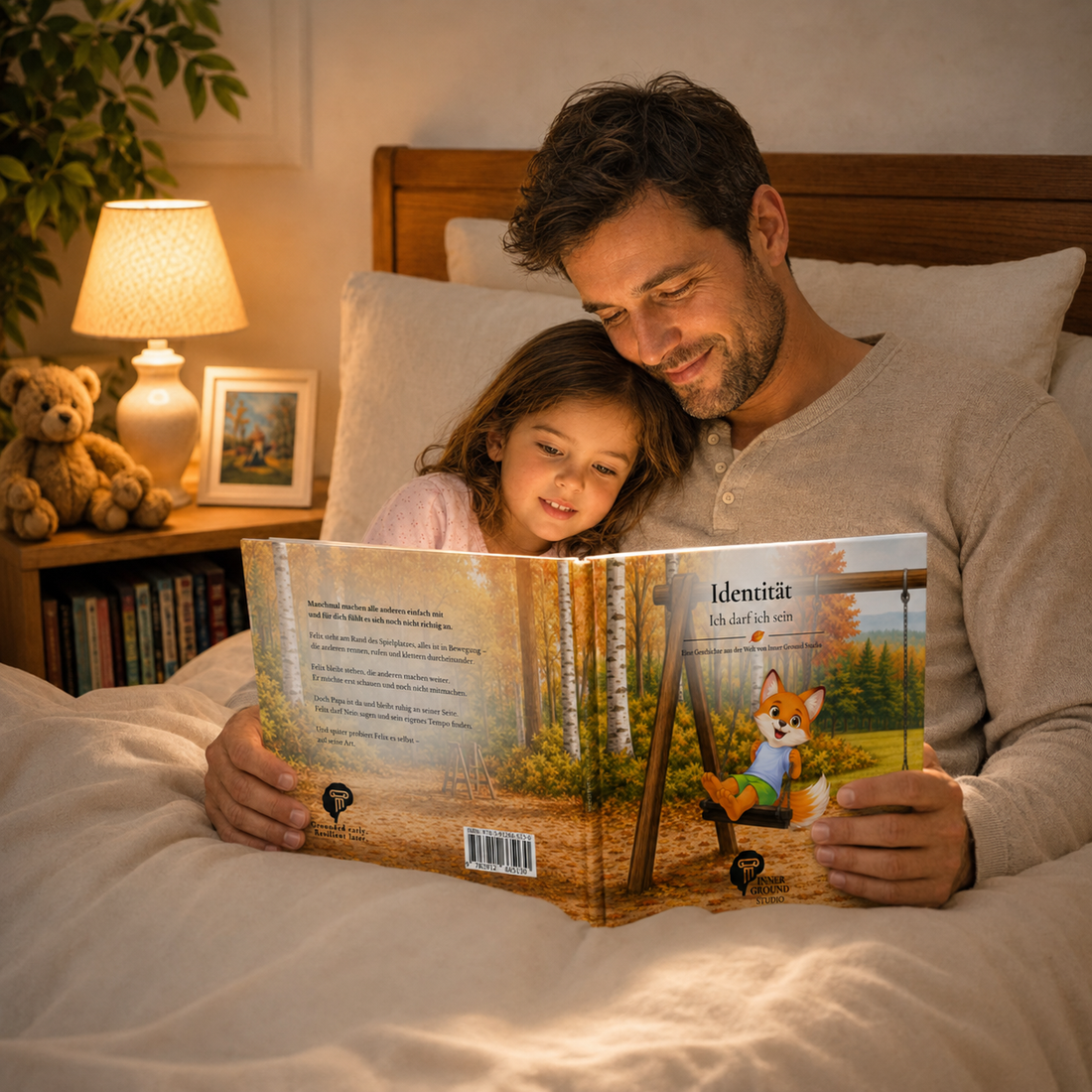 Vater und Kind lesen gemeinsam das Identitäts-Kinderbuch