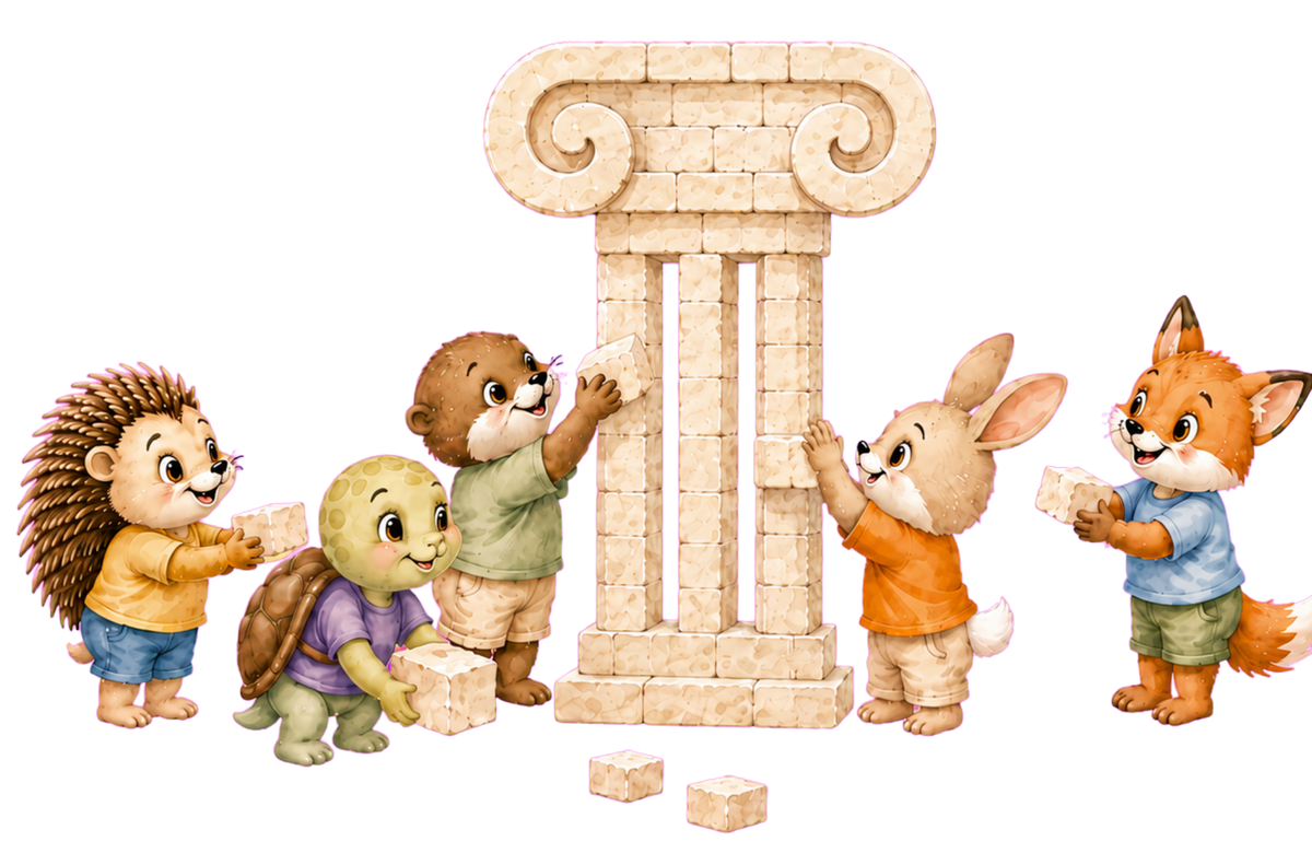 Die fünf Tierfiguren von Inner Ground Studio bauen gemeinsam eine Säule.