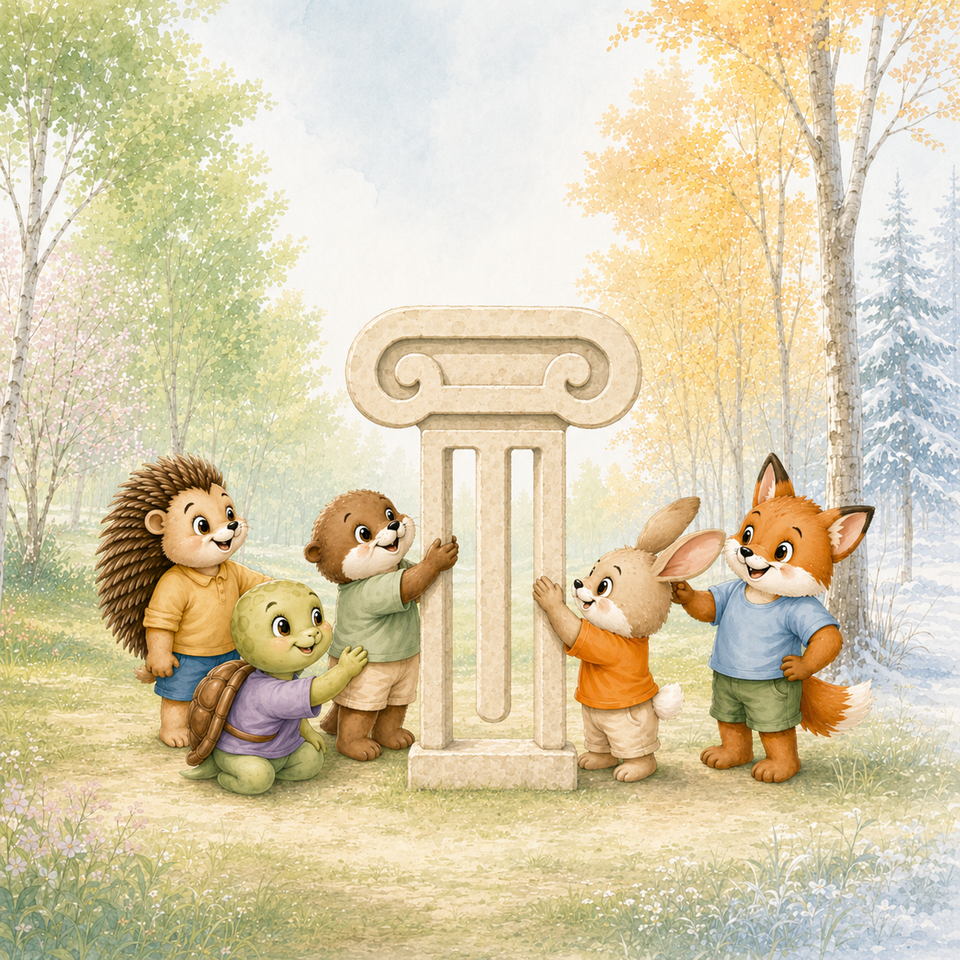 Die fünf Tierfiguren stehen gemeinsam an einer Säule im Freien.
