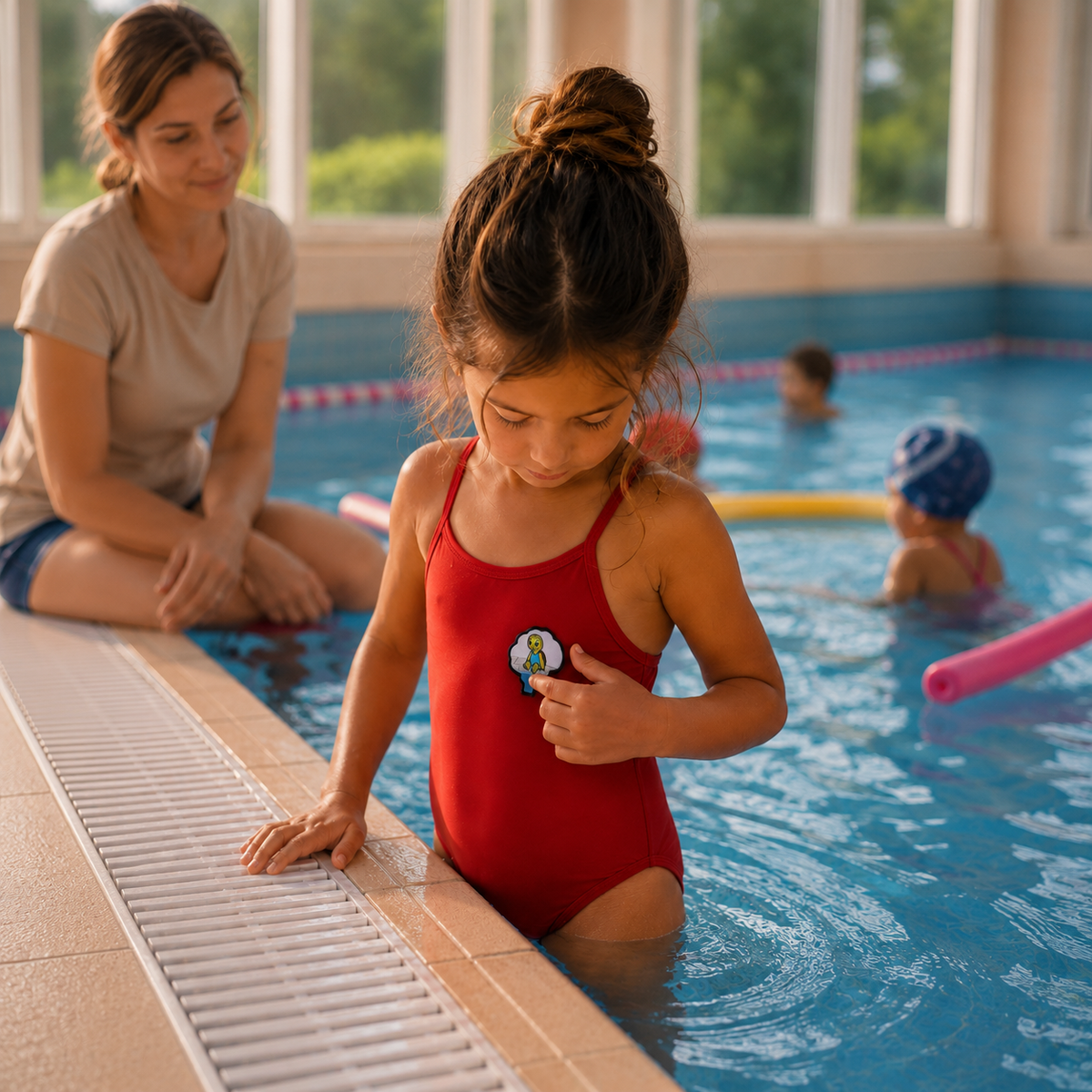 Ein Mädchen mit Mira-Patch am Badeanzug und seine Mutter in der Schwimmhalle.