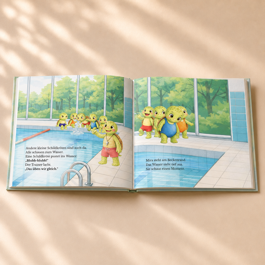 Kinderbuchseite mit Mira und der Schwimmkursgruppe