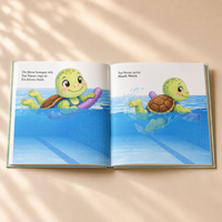Aufgeschlagenes Kinderbuch mit Mira beim Üben im Schwimmkurs