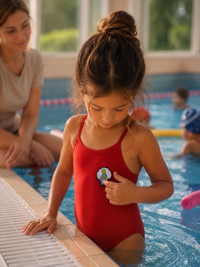 Der vertraute Patch begleitet den Schwimmkurs