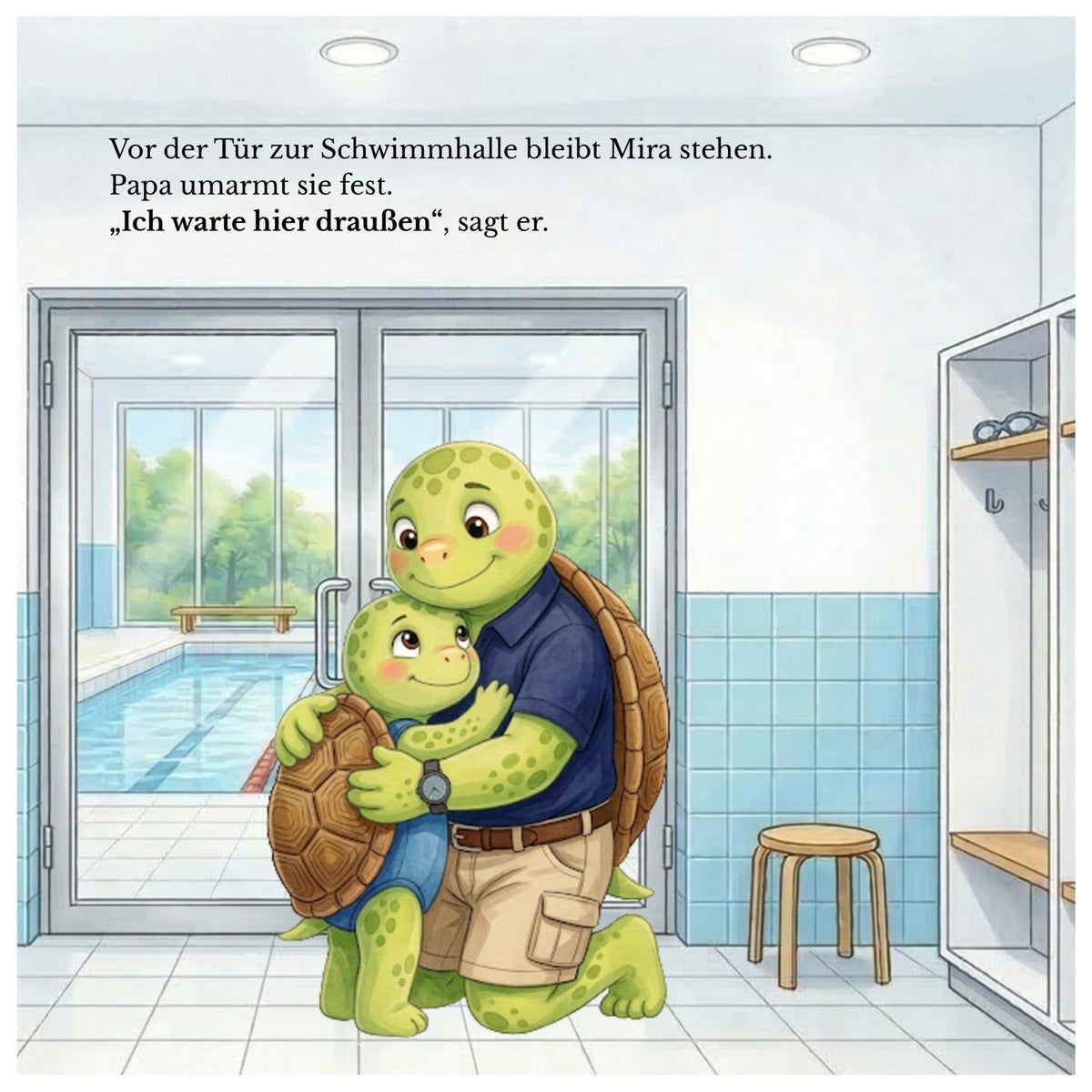 Echte Buchseite: Papa umarmt Mira vor der Schwimmhalle und sagt „Ich warte hier draußen.“